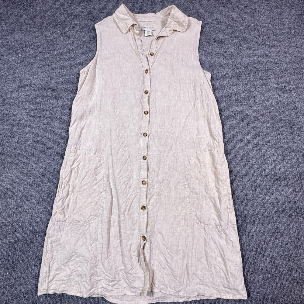 Adrienne Vittadini Women Linen Sleeveless Button Down Shirt Dress Beige Medium